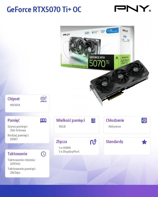 PNY Vaizdo plokštė geforce rtx5070 ti+ oc 16gb vcg5071t16tfxpb1-o