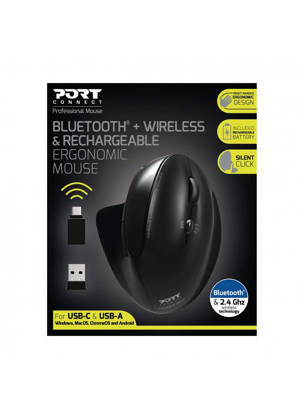 PORT DESIGNS | Rechargeable Ergonomic Pelė | 900706-BT | Optinė | Wireless | 2.4 GHz Wireless via USB Dongle | Juodas | 3 year(s)