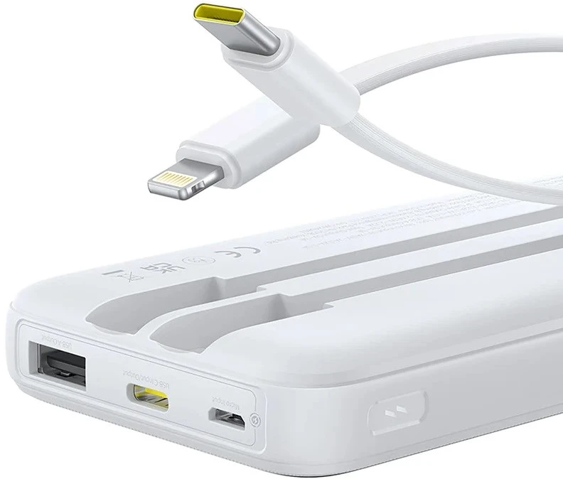 Baseus „A6ac4 Lipow“ 10000mAh 22,5 W išorinė baterija su dviem integruotais laidais (su „A6ac4 Simple USB-A - USB-C 3A 20 cm“ laidu) – balta