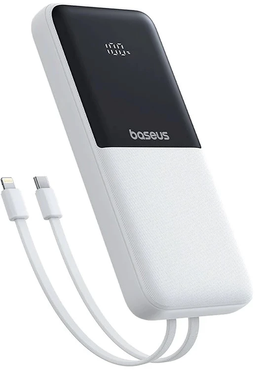Baseus „A6ac4 Lipow“ 10000mAh 22,5 W išorinė baterija su dviem integruotais laidais (su „A6ac4 Simple USB-A - USB-C 3A 20 cm“ laidu) – balta