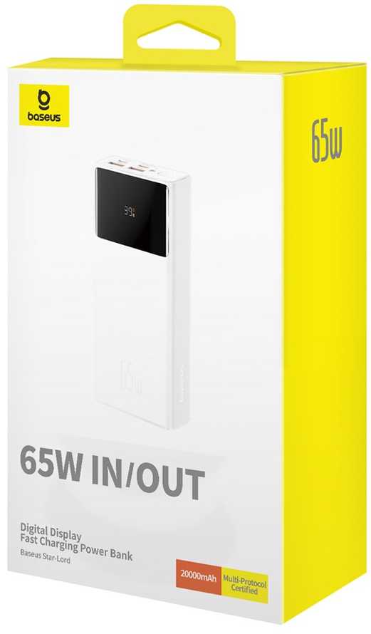 Power Bank Baseus Star-Lord, 20000mAh 65W + USB – USB-C laidas (baltas)