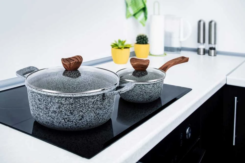 PROMIS Puodų rinkinys GRANITAS, puodas 16 cm, puodai 20,24,28 ruda rankenos