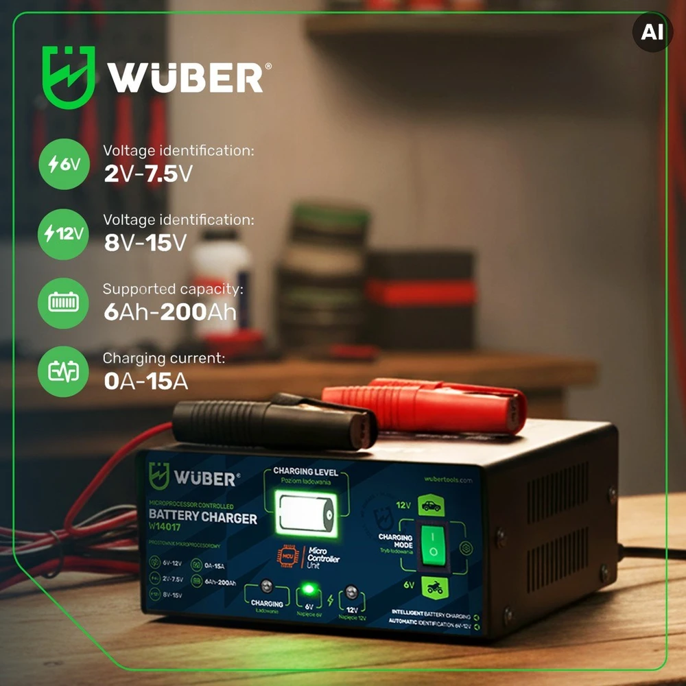 Mikroprocesorinis įkroviklis 6-12 V 15 A + akumuliatoriaus įkroviklis W14017 WUBER