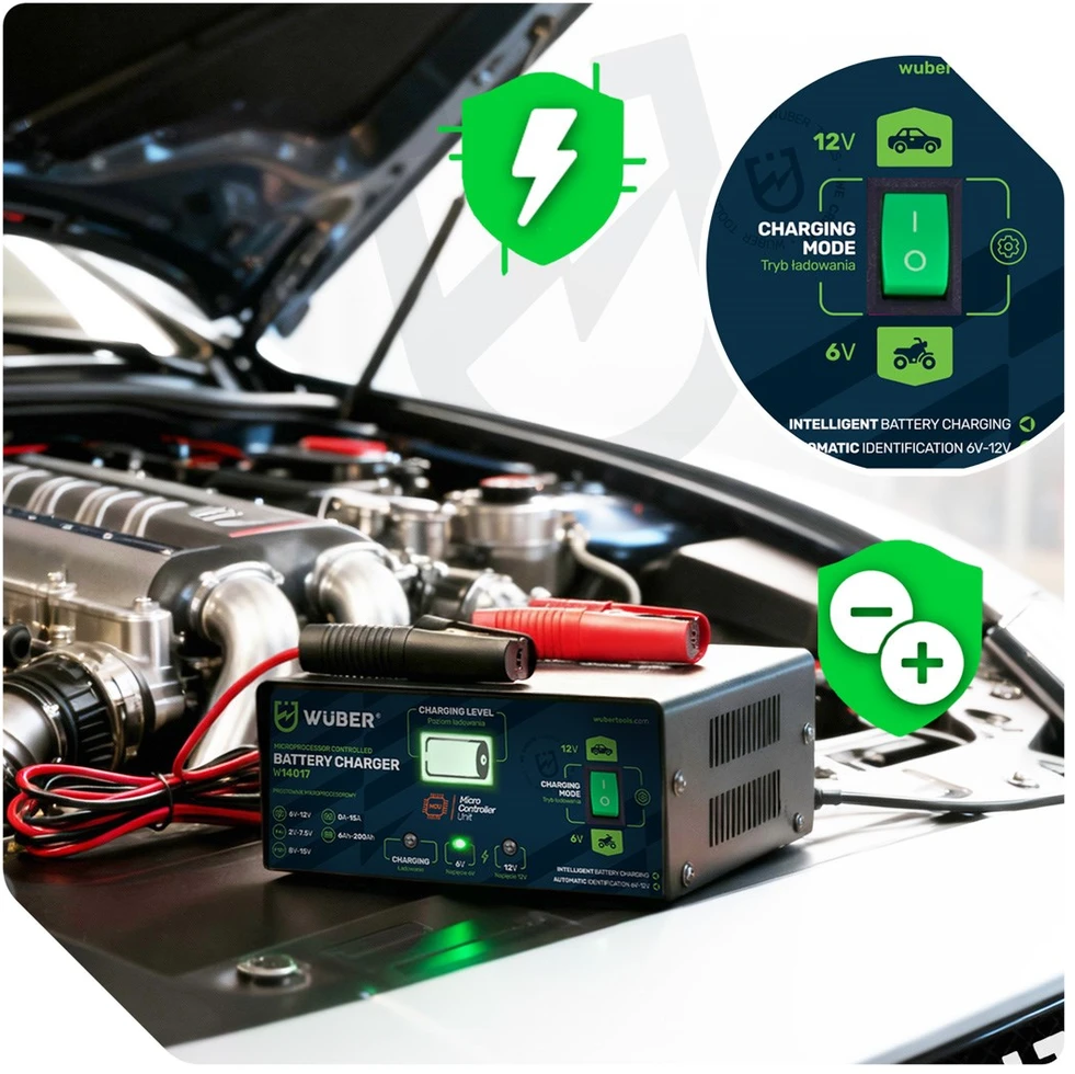 Mikroprocesorinis įkroviklis 6-12 V 15 A + akumuliatoriaus įkroviklis W14017 WUBER