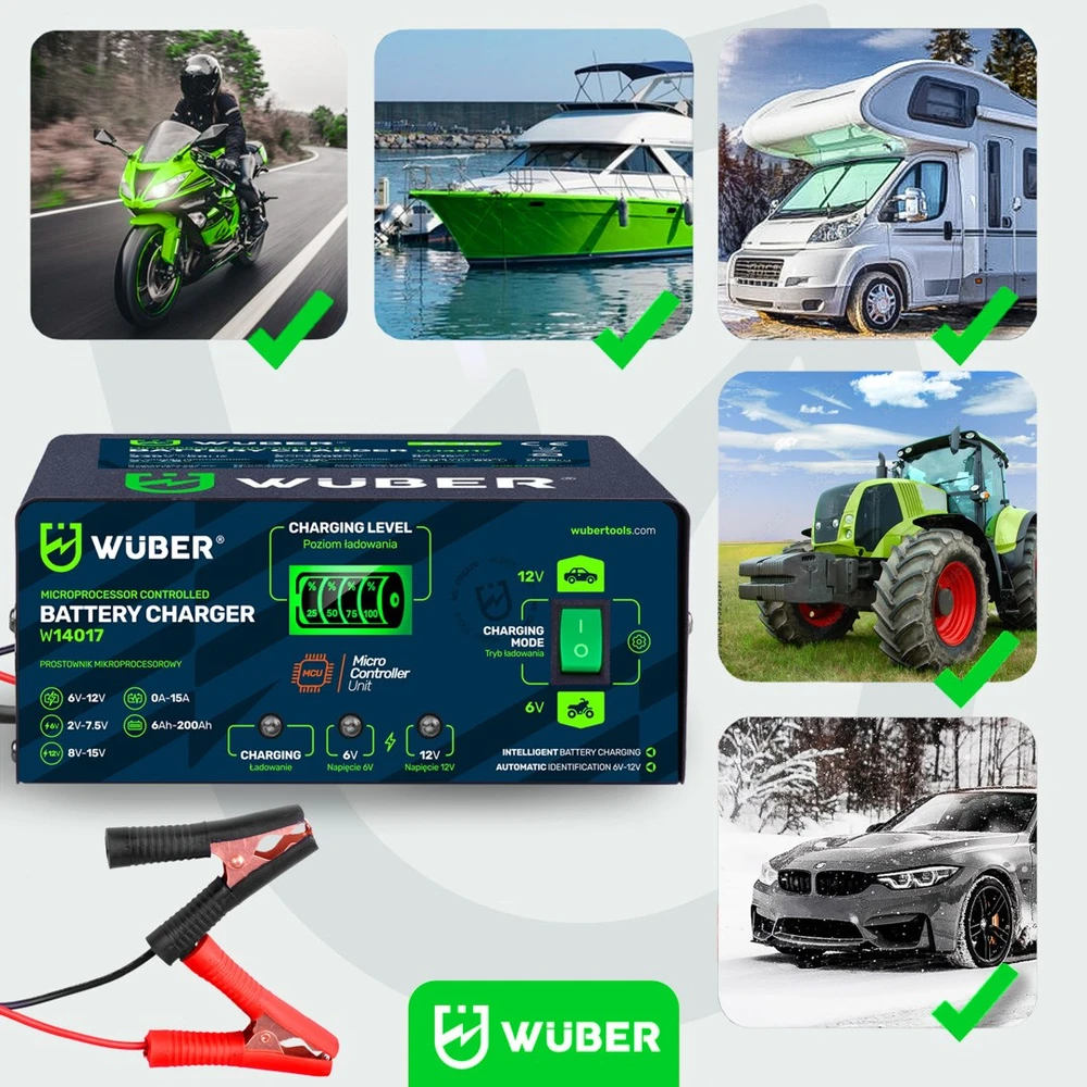 Mikroprocesorinis įkroviklis 6-12 V 15 A + akumuliatoriaus įkroviklis W14017 WUBER