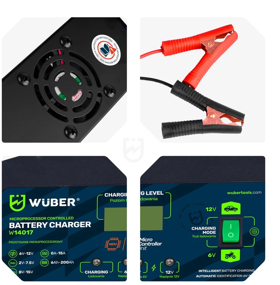 Mikroprocesorinis įkroviklis 6-12 V 15 A + akumuliatoriaus įkroviklis W14017 WUBER