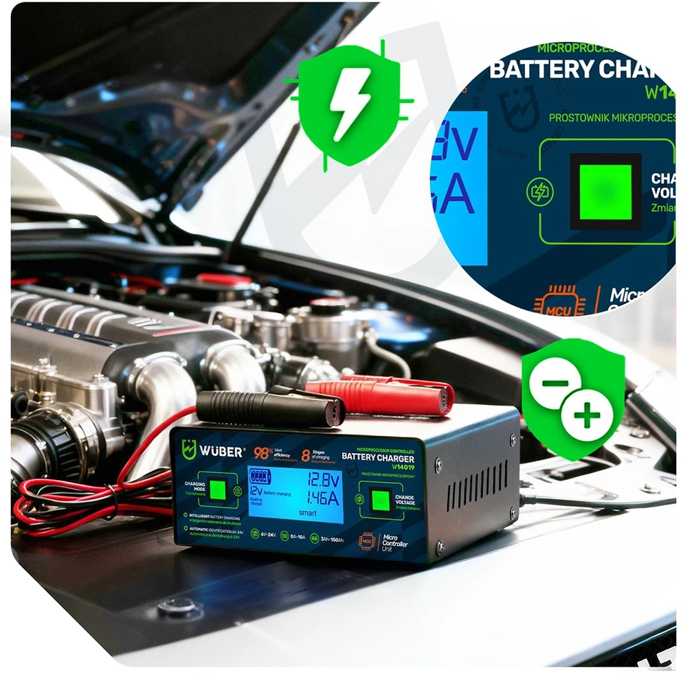 Microprocessor-controlled car battery charger 10 A 6–150 Ah 2–24 V W14018 WUBER