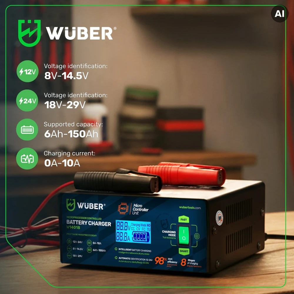 Microprocessor-controlled car battery charger 10 A 6–150 Ah 2–24 V W14018 WUBER
