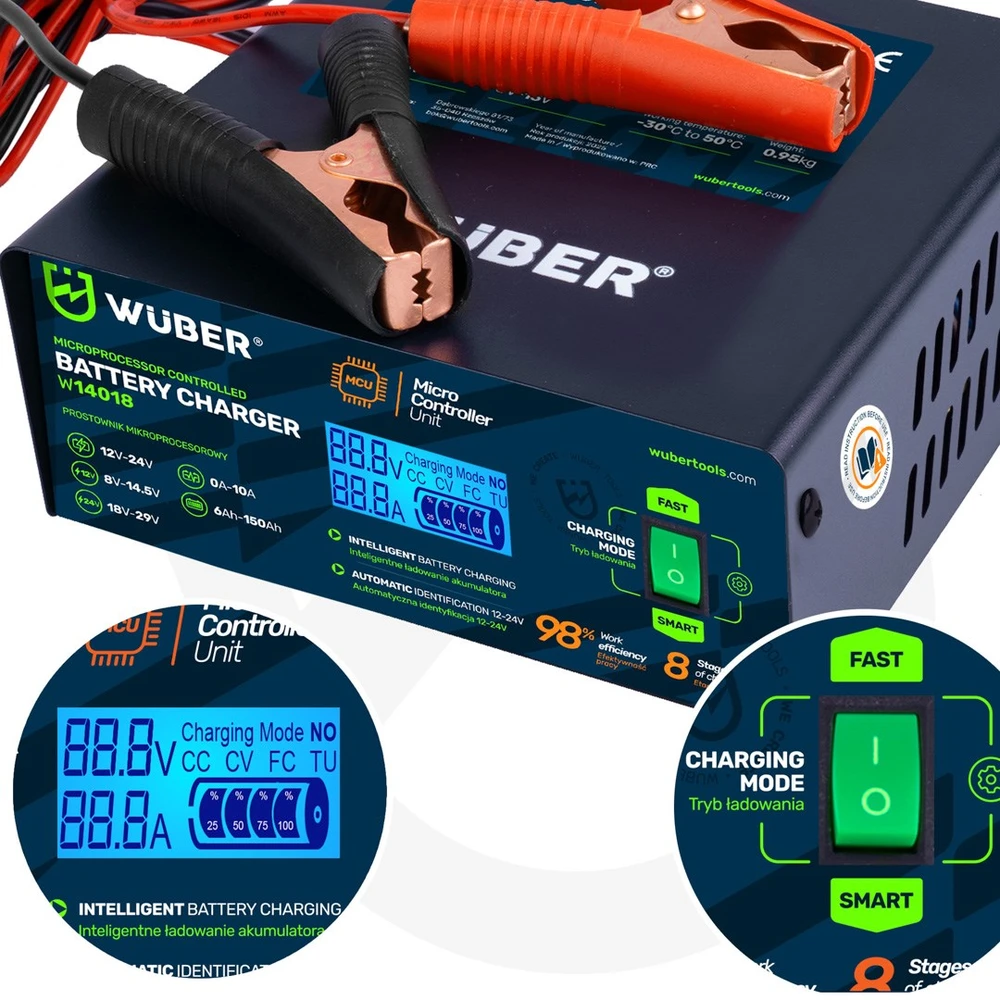 Microprocessor-controlled car battery charger 10 A 6–150 Ah 2–24 V W14018 WUBER
