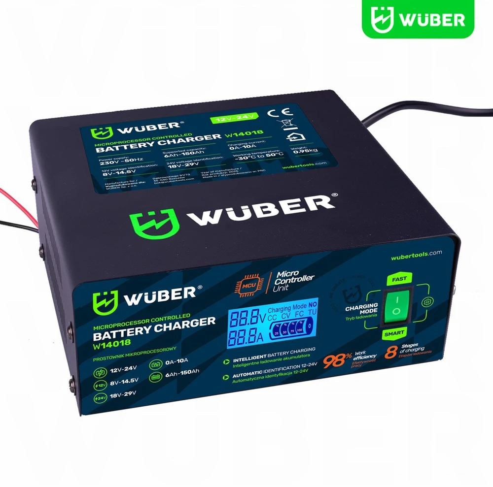 Microprocessor-controlled car battery charger 10 A 6–150 Ah 2–24 V W14018 WUBER