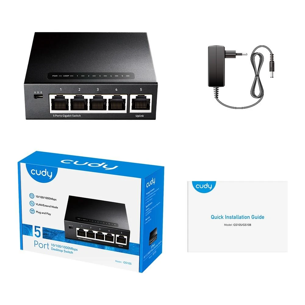 Šakotuvas Tinklo Įranga - Cudy GS105 10Gbps Jungiklis 5 Prievadai Metalinis Dizainas