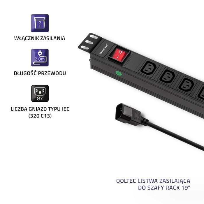 QOLTEC 53998 Apsauga nuo viršįtampių Qoltec skirta RACK 19 1U 10A PDU 8xIEC C13 2m