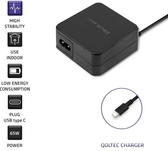 „Qoltec“ 65 W maitinimo šaltinis | 5–20,3 V | 2–3,25 A | USB C tipo | PD