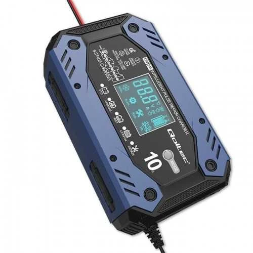 Qoltec akumuliatoriaus įkroviklis std agm gel lifepo4 | lygintuvas su remonto funkcija | 12-24v | 10a | LCD|9 žingsnių įkrovimas