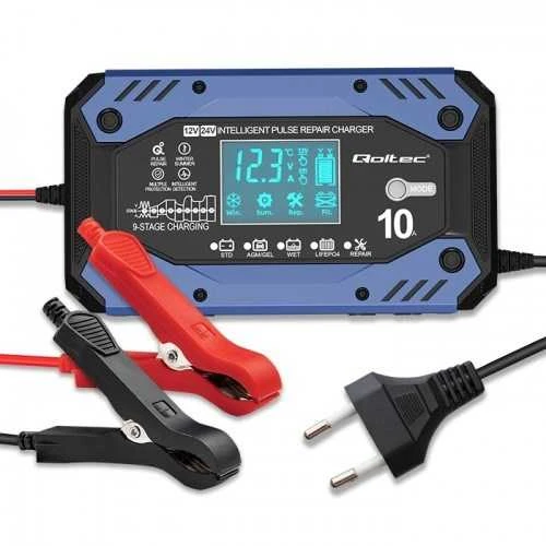 Qoltec akumuliatoriaus įkroviklis std agm gel lifepo4 | lygintuvas su remonto funkcija | 12-24v | 10a | LCD|9 žingsnių įkrovimas