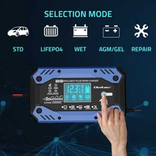 Qoltec akumuliatoriaus įkroviklis std agm gel lifepo4 | lygintuvas su remonto funkcija | 12-24v | 10a | LCD|9 žingsnių įkrovimas