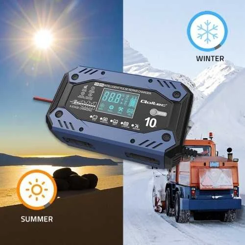Qoltec akumuliatoriaus įkroviklis std agm gel lifepo4 | lygintuvas su remonto funkcija | 12-24v | 10a | LCD|9 žingsnių įkrovimas
