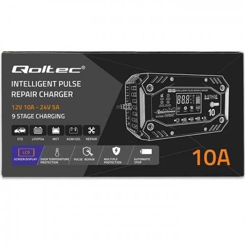 Qoltec akumuliatoriaus įkroviklis std agm gel lifepo4 | lygintuvas su remonto funkcija | 12-24v | 10a | LCD|9 žingsnių įkrovimas