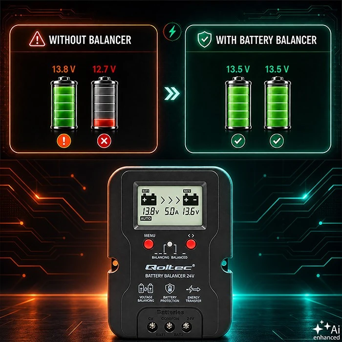 Qoltec Balanser napięcia 24v do akumulatorów 2x12v | 5a | agm gel lifepo4