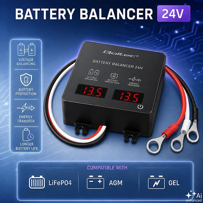 Qoltec Balanser napięcia 24v do akumulatorów 2x12v | 5a | agm gel lifepo4 | led