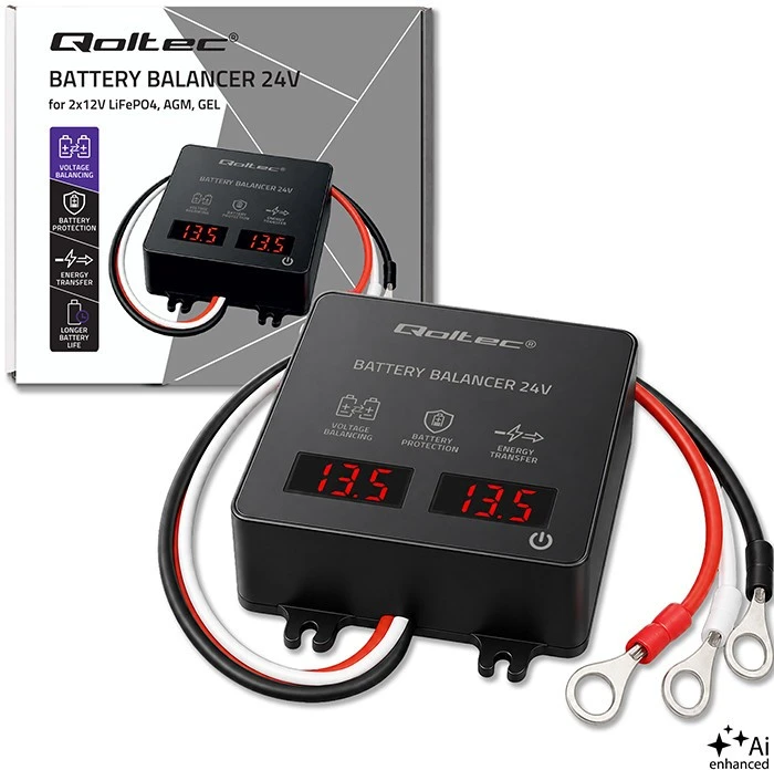 Qoltec Balanser napięcia 24v do akumulatorów 2x12v | 5a | agm gel lifepo4 | led