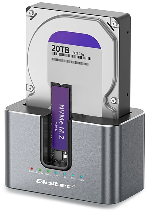 Qoltec 52631 HDD SSD prijungimo stotelė | SATA | M.2 NVMe | klonavimas | USB-C | 10 Gb/s | 28 TB