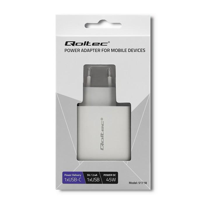 QOLTEC 51718 Įkroviklis 42W 5-20V 2.4-3A USB tipas C PD USB Baltas
