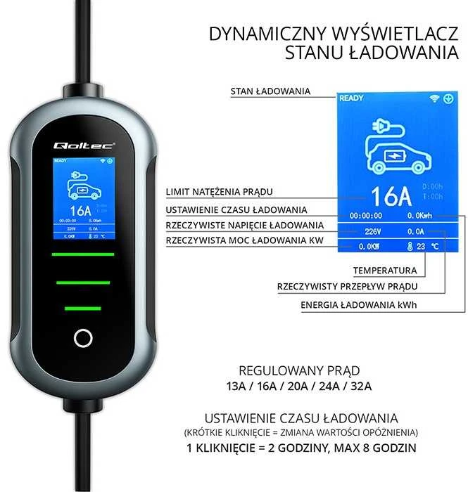 Qoltec 52721 Mobilus elektromobilio įkroviklis su 2in1 2 tipo reguliavimu | 7kW | 230V | CEE 32A | Wifi | TUYA | SMART LIFE | LCD | Nešiojamas | Sieninis įkrovimo įrenginys | 5m