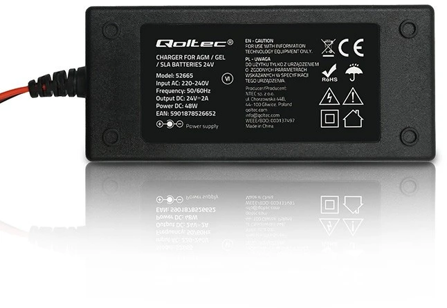 Qoltec 52665 automatinis AGM GEL STD akumuliatorių įkroviklis | 24 V įkroviklis | 2 A | 48 W | LED | 1,8 m laidas
