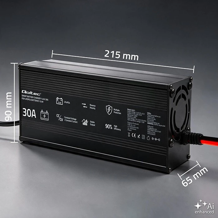 Qoltec 52672 12 V LiFePO4 akumuliatorių įkroviklis | 30 A | PF 0.9