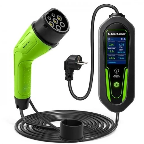 QOLTEC įkroviklis elektromobiliams ir hibridiniams automobiliams 2 viename Type 2 reguliuojamas 3,5 kW 230 V SCHUKO 16 A Wi-Fi Tuya Smart Life LCD 5 m