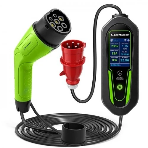 Qoltec Įkroviklis automobiliui elektrycznego EV i hybryd su regulacją 2w1 Typ2 | 7kW | 230V | CEE 32A | Wi-Fi | Tuya | Smart life | LCD | Certyfikat TÜV | 5m