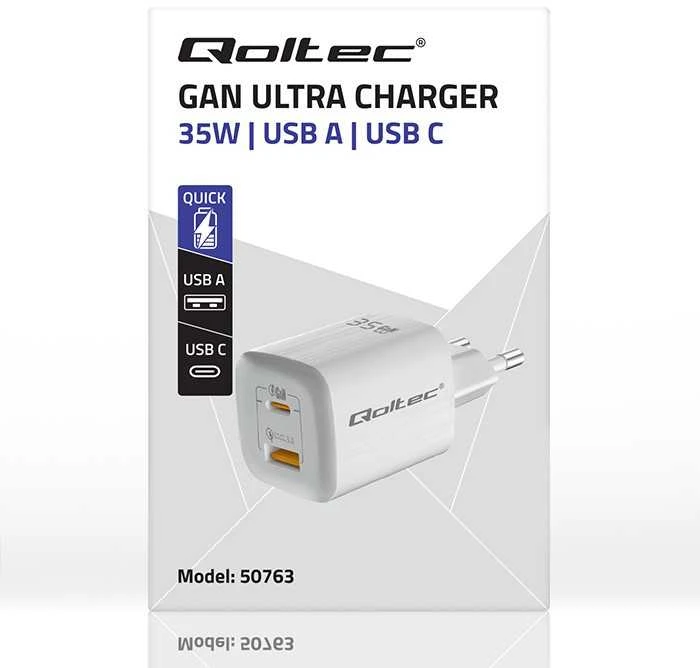 Qoltec Įkroviklis jungiama į tinklą 35w gan ultra | 5-20v | 2.25-3a | 1 x usb typ c pd | 1 x usb | balta