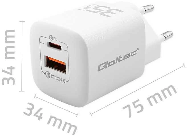 Qoltec Įkroviklis jungiama į tinklą 35w gan ultra | 5-20v | 2.25-3a | 1 x usb typ c pd | 1 x usb | balta