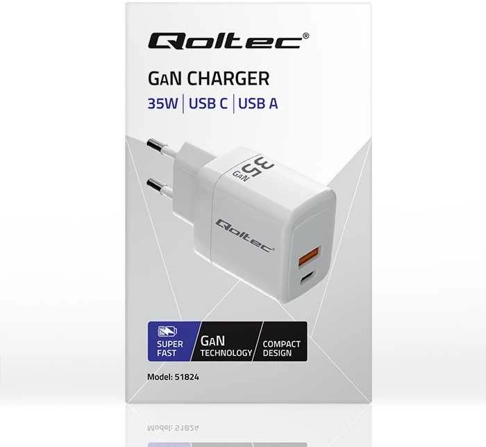 Qoltec Įkroviklis jungiama į tinklą 35w gan | 5-20v | 1.5-3a | 1xusb-c pd | 1xusb qc 3.0 | balta