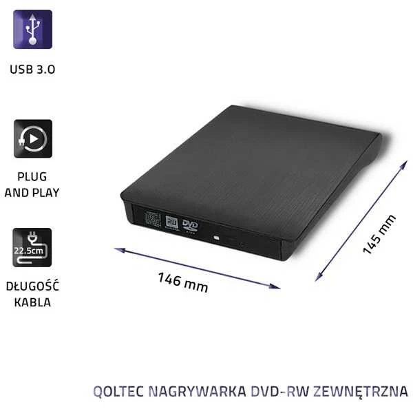 Qoltec išorinis dvd-rw įrašymo įrenginys | usb 3.0 | juodas