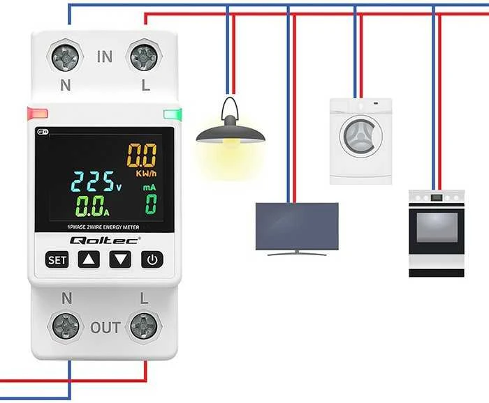 „Qoltec“ vienfazis elektroninis vatmetras | Energijos suvartojimo matuoklis | DIN35 | Nuotolinio valdymo pultas | Matavimų istorija | „Wi-Fi“ | TUYA | Išmanusis gyvenimas