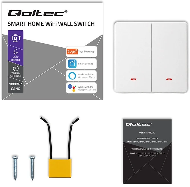 Qoltec 52706 Smart 2-Gang Light Switch | Wi-Fi | Timer | Tuya | Smart life | Baltas
