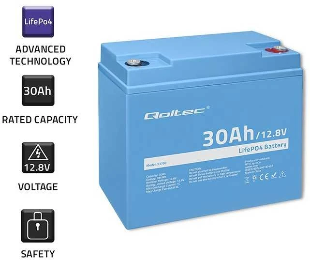 Qoltec Lifepo4 ličio geležies fosfato akumuliatorius 12,8 V 30 Ah 384 Wh bms