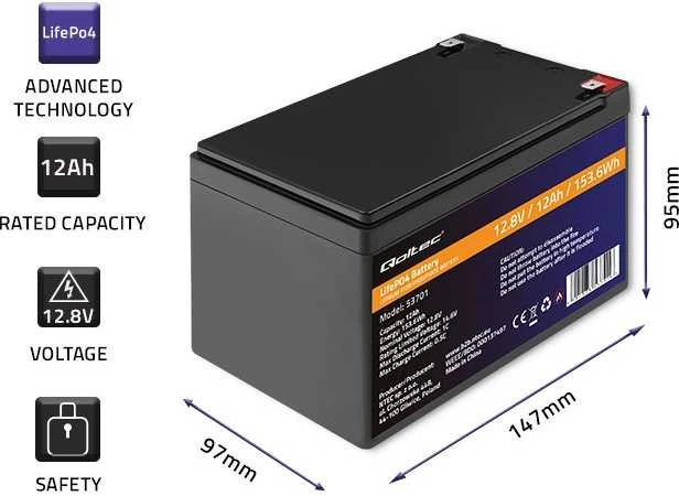 QOLTEC 53701 LiFePO4 ličio geležies fosfato baterija / 12,8V / 12Ah / 153,6Wh / BMS