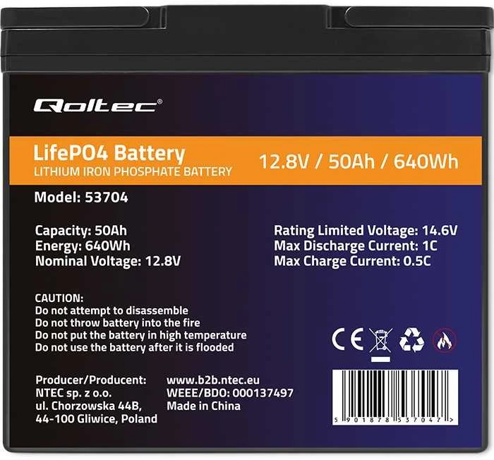 „Qoltec LiFePO4“ ličio-geležies-fosfato akumuliatorius | 12,8 V | 50 Ah | 640 Wh | BMS