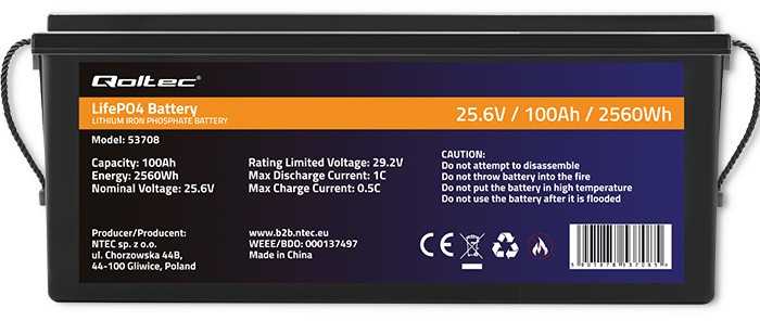 Qoltec Qoltec Akumuliatorius LiFePO4 Litowo-Żelazowo-Fosforanowy | 25.6V | 100Ah | 2560Wh | BMS