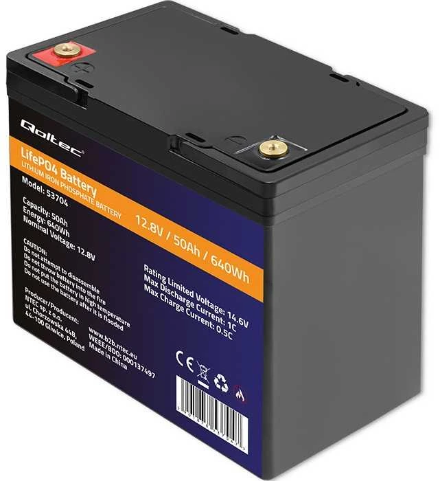 „Qoltec LiFePO4“ ličio-geležies-fosfato akumuliatorius | 12,8 V | 50 Ah | 640 Wh | BMS
