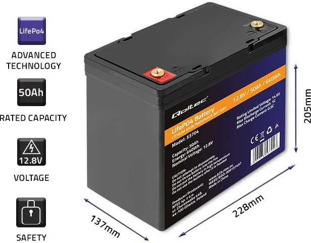 „Qoltec LiFePO4“ ličio-geležies-fosfato akumuliatorius | 12,8 V | 50 Ah | 640 Wh | BMS