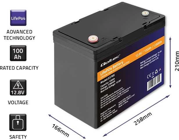 Qoltec Akumuliatorius LiFePO4 Ličio geležies fosfatas | 12,8 V | 100Ah | 1280Wh | BMS
