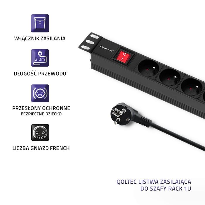 QOLTEC 54470 Maitinimo juostelė RACK spintelėms 1U 16 PDU 6xFRENCH 2m