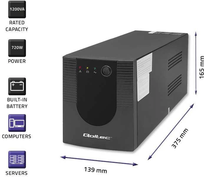 Nepertraukiamo maitinimo šaltinis UPS Qoltec Monolith 1200VA 720W