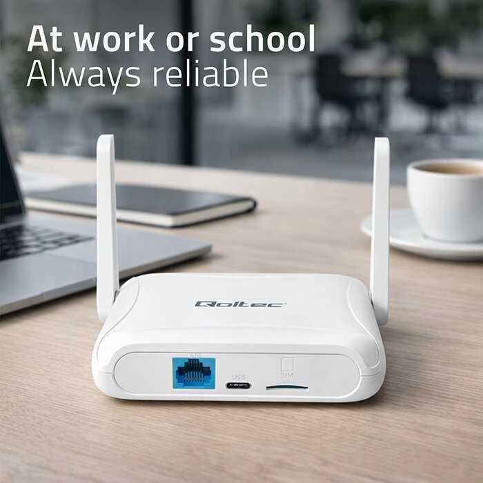„Qoltec 56980 Home & Travel“ 4G LTE maršrutizatorius su „Wi-Fi 6“ | AX300 | 2,4 GHz | Dviguba antena | USB-C | Micro SIM