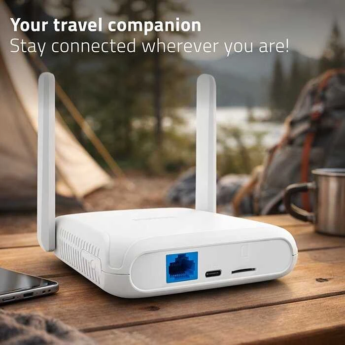 „Qoltec 56980 Home & Travel“ 4G LTE maršrutizatorius su „Wi-Fi 6“ | AX300 | 2,4 GHz | Dviguba antena | USB-C | Micro SIM