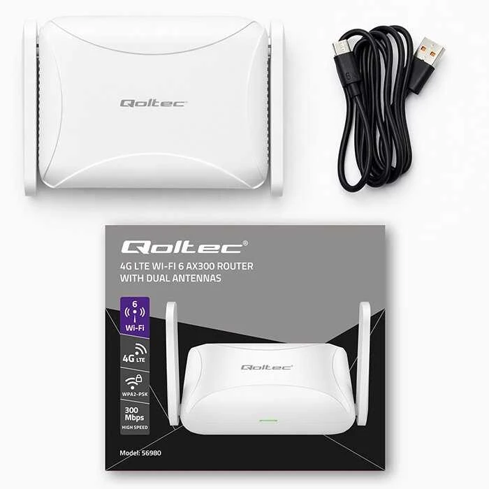 „Qoltec 56980 Home & Travel“ 4G LTE maršrutizatorius su „Wi-Fi 6“ | AX300 | 2,4 GHz | Dviguba antena | USB-C | Micro SIM